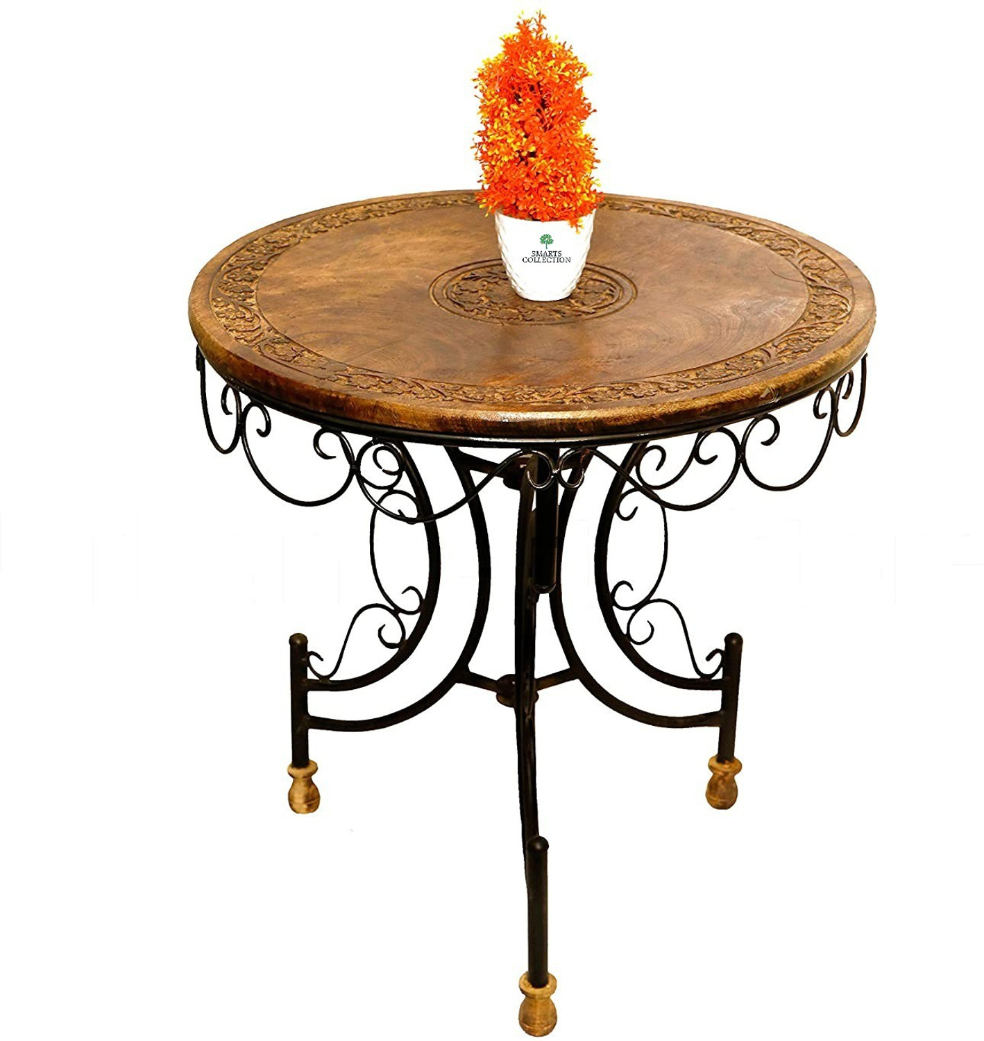 Image of Smarts collection Royal look Wood & Wrought Iron Patio Furniture Set Solid Wood 4 Seater Dining Set