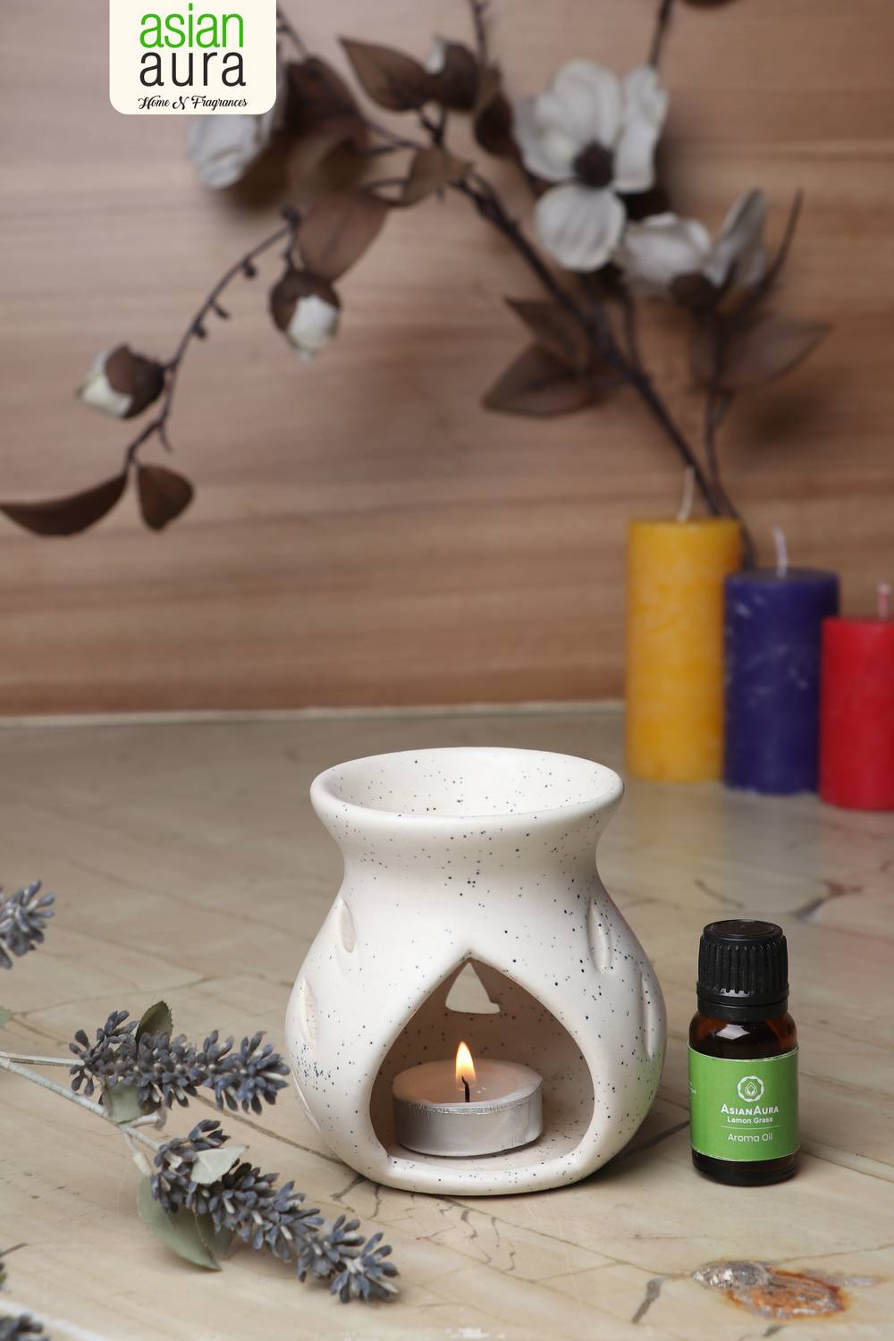 Asian Aura Lemon Grass Diffuser Set Ceramic Aroma T-Light Diffuser With Fragrance Oil & 1 Candles