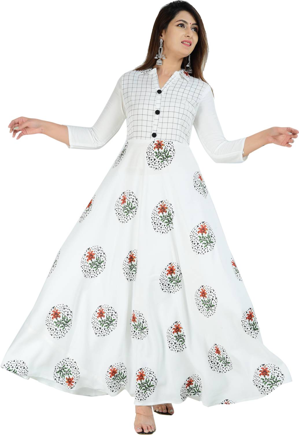 GOD DM Women Printed Viscose Rayon Anarkali Kurta (White)