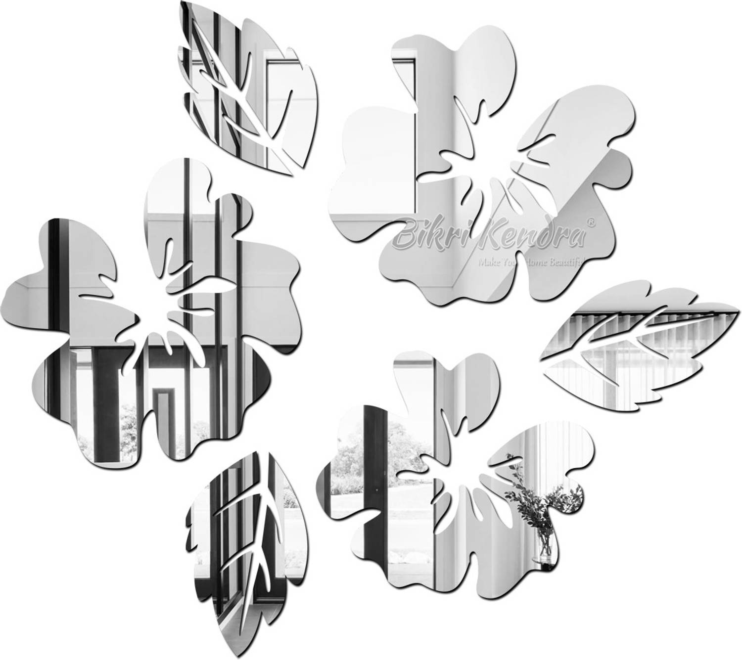 Bikri Kendra 14 cm Flower and leaf red - 3d acrylic mirror wall stickers Self Adhesive Sticker