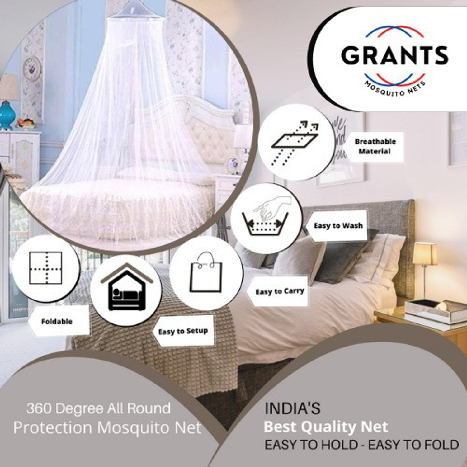 Image of Grants mosquito net Round Ceiling Hanging Double Bed , Polyester Foldable Polyester Washable Adults Mosquito Net