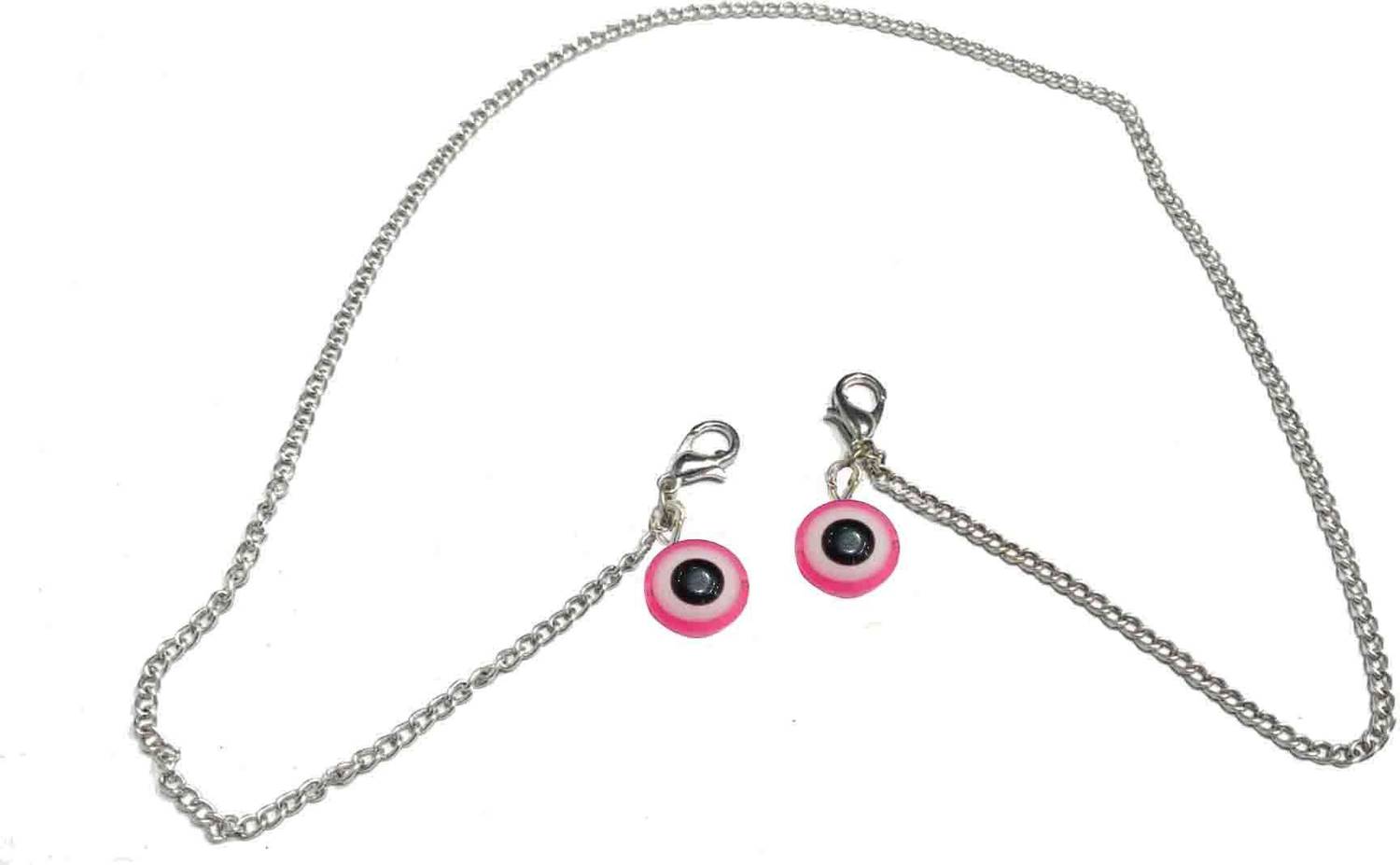 Gurjari Jewellers Silver Mask Lanyard Strap Mask Chain with EVILEYE Charm Adjustable Mask Holder Necklace Face Mask Saver Cord Made in India Size:20 Inch (Pink Color) Silver Plated Brass Chain