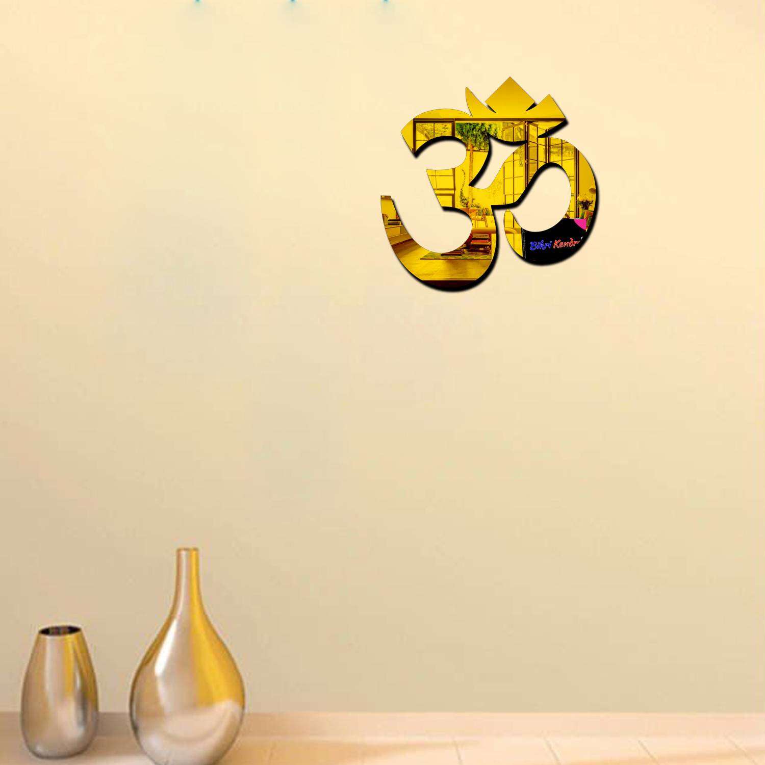 Bikri Kendra 14 cm Om golden mirror sticker for wall Self Adhesive Sticker