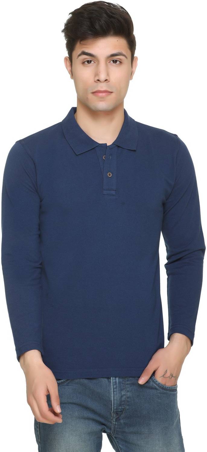 aarbee Solid Men Polo Neck Blue T-Shirt