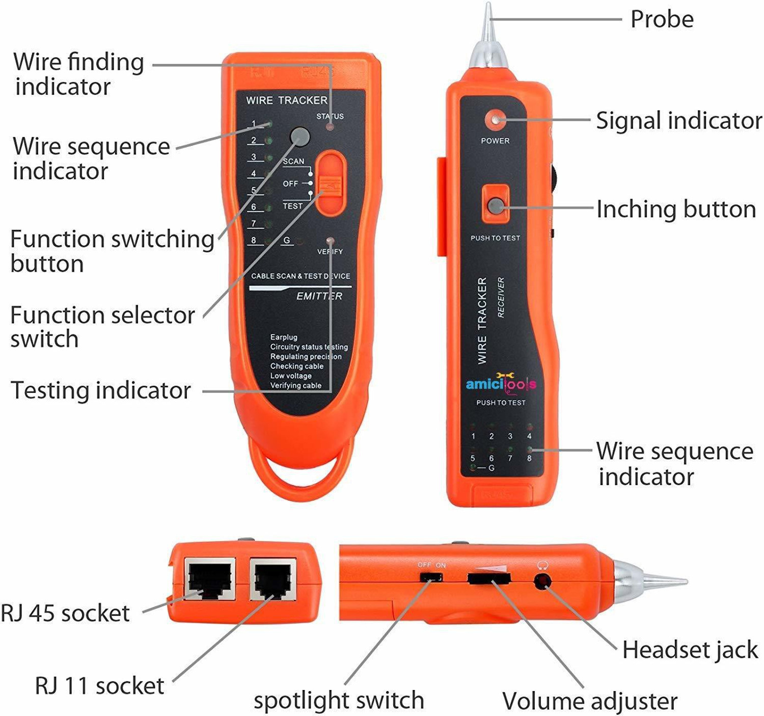 Image of amiciTools XQ-350 Wire Tracker, Cable Break Point Tester for Network Cable (RJ45), Ethernet LAN, Telephone Line (RJ11) with 2X 9V Batteries Digital Multimeter