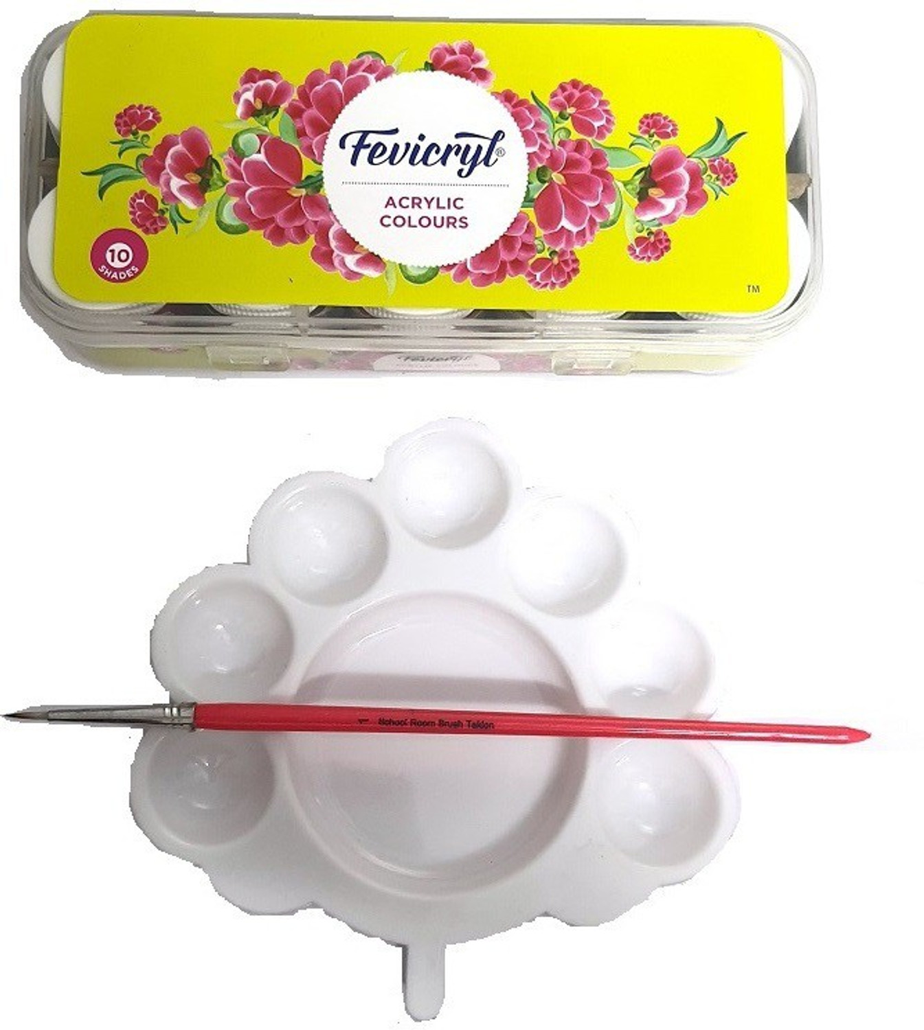 Image of Fevicryl 10 SHADES ACRYLIC COLORS SET WITH 1 PC OF PAINTING PALETTE & ROUND BRUSH COMBO FOR STUDENTS