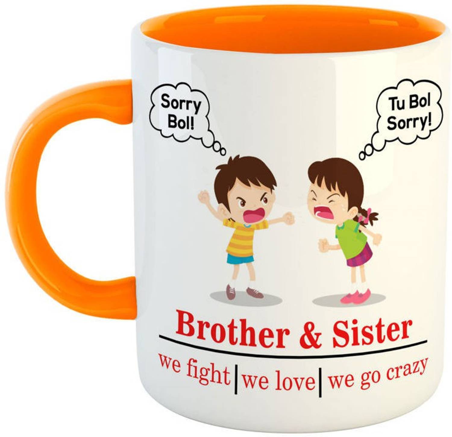 ARTBUG Brother Sister We Love Fight Crazy Ceramic Coffee Best Rakhi Gift for Sister/Brother, Rakshabandhan, Rakhi, Bhai Dooj, Birthday - Orange Ceramic Coffee Mug