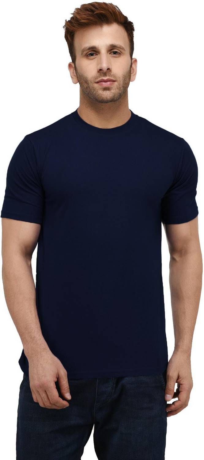 London Hills Men Solid Round Neck Cotton Blend Dark Blue T-Shirt
