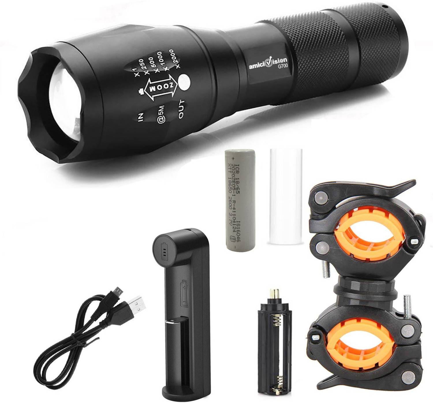 amiciVision Flashlight LED Tactical Flashlight Best XML T6 Water Resistance 5 Modes Adjustable Focus Torch with Bicycle Mount, Rechargeable Battery and Charger Torch
