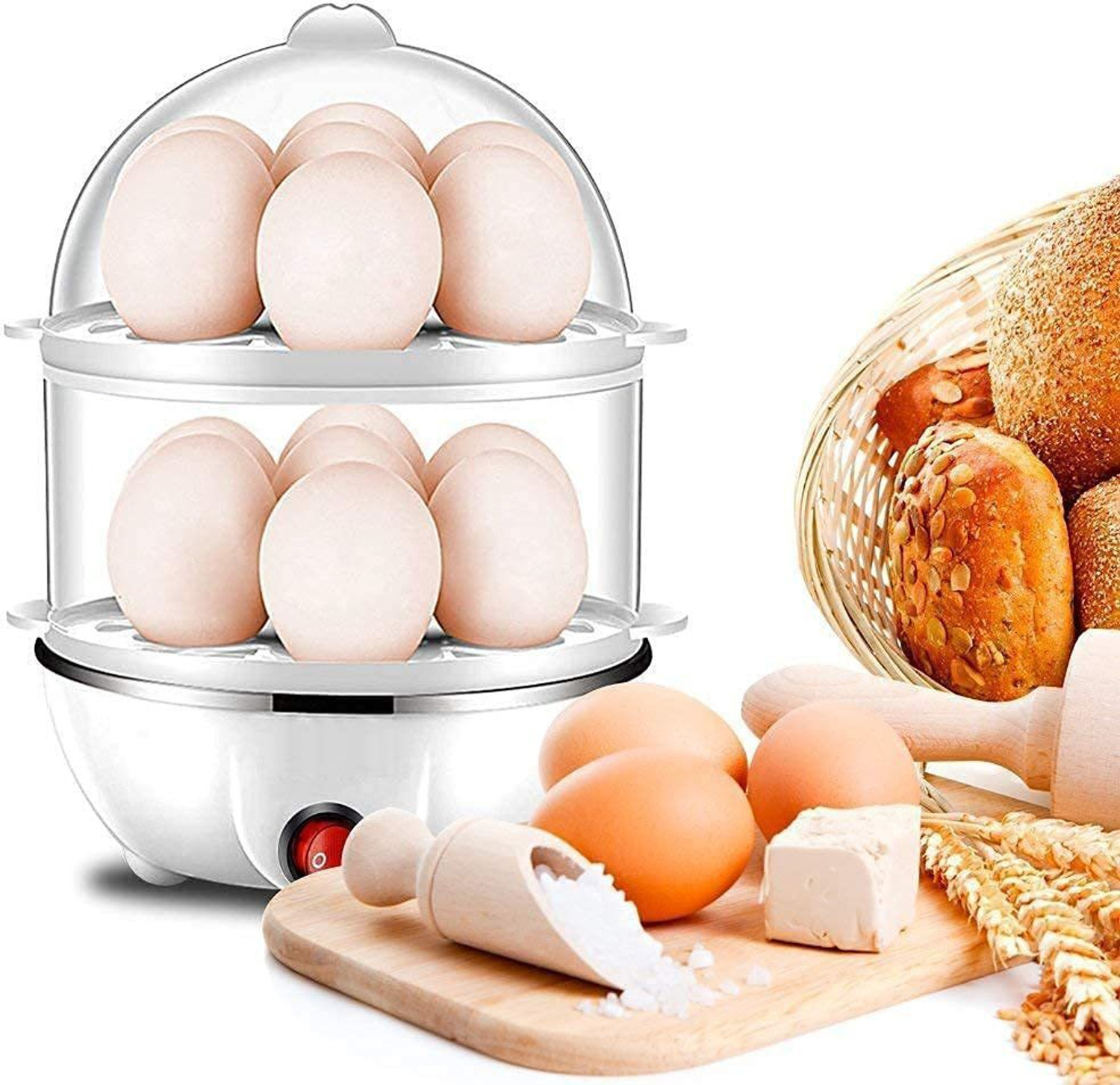 Image of GENIYO Automatic Safe Power-Off 2 Layer Egg Boiler Cooker & Steamer & Egg Frying Pan Double Layer Electric Egg Boiling Machine / Egg Boiler / 14 Egg Fraying Bowl Egg Cooker