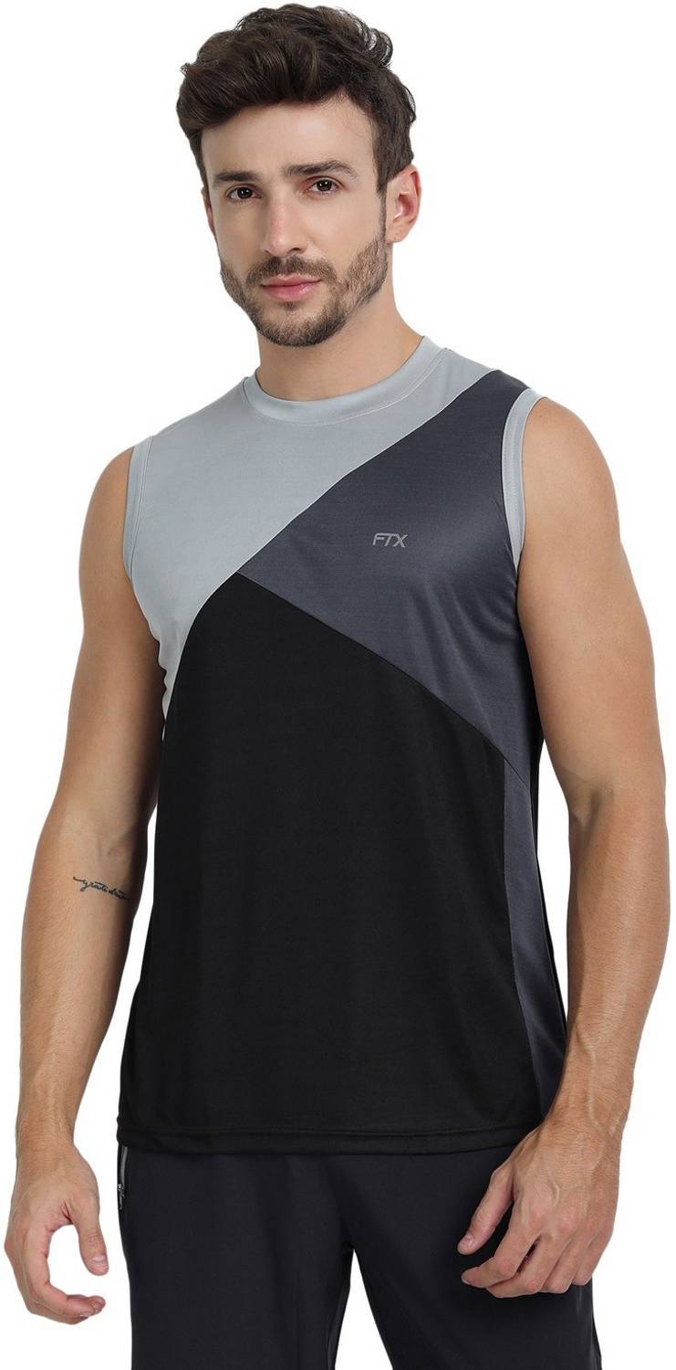 FTX Men Colorblock Round Neck Polyester Black T-Shirt