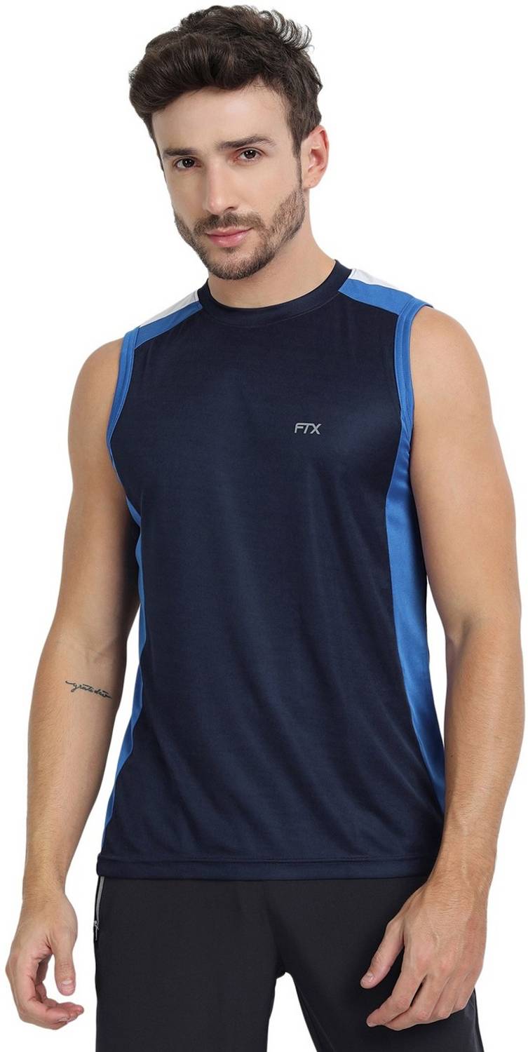 FTX Men Colorblock Round Neck Polyester Dark Blue T-Shirt