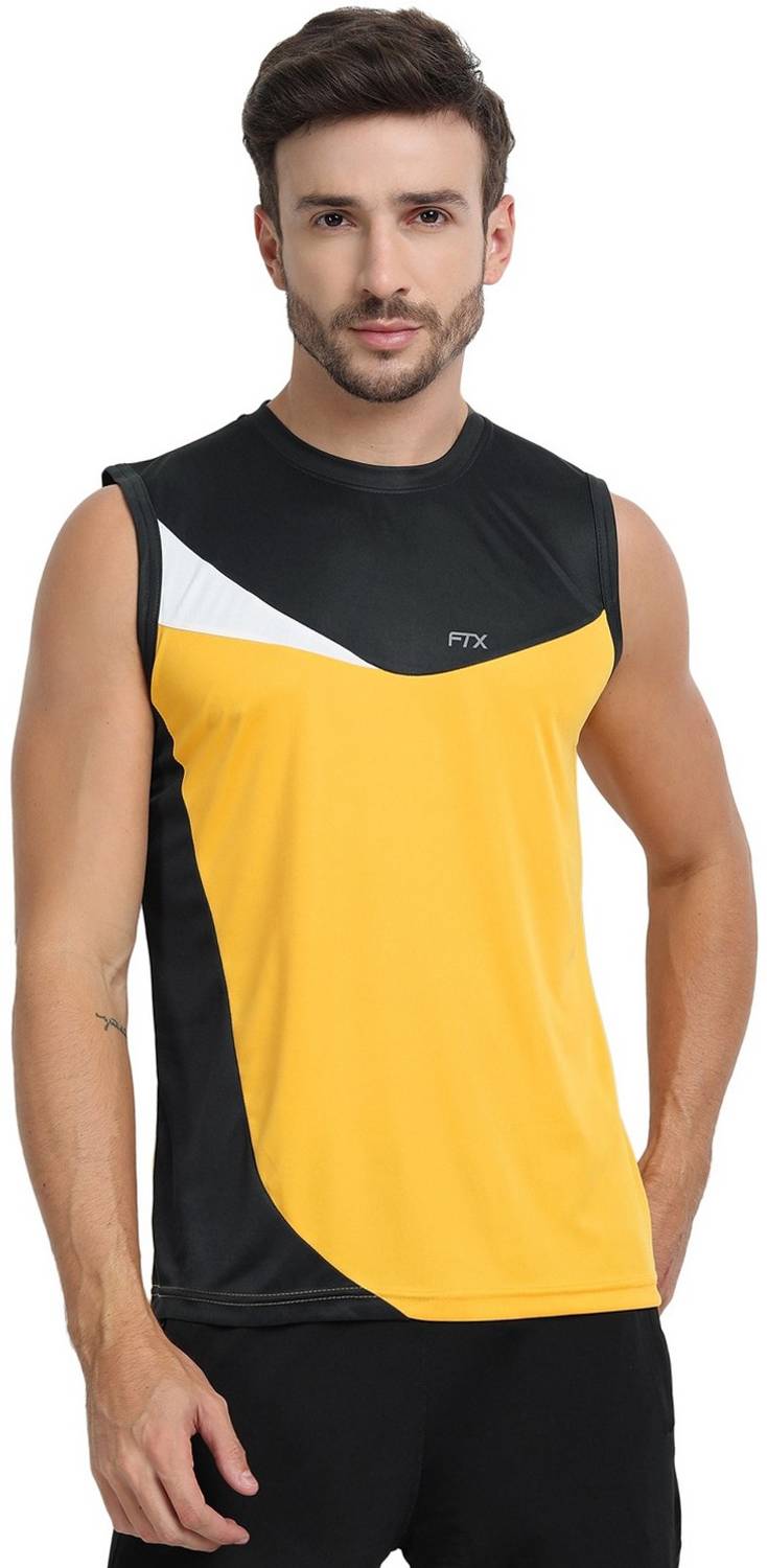 FTX Men Colorblock Round Neck Polyester Gold T-Shirt