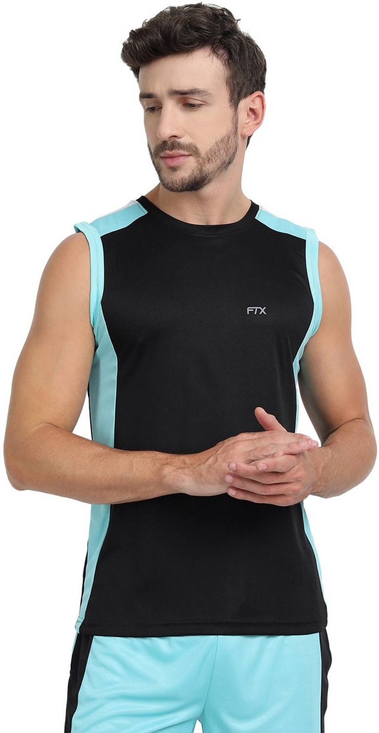 FTX Men Colorblock Round Neck Polyester Black T-Shirt