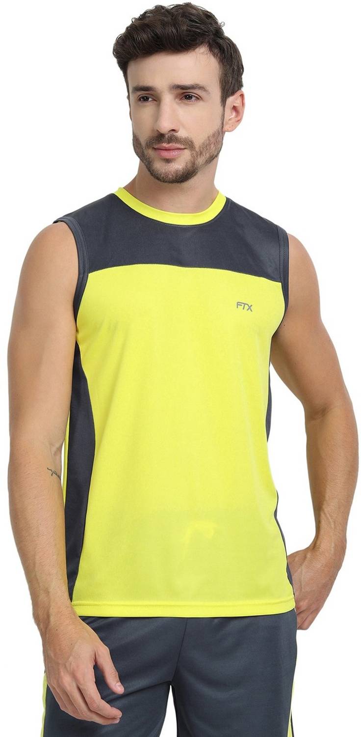 FTX Men Colorblock Round Neck Polyester Yellow T-Shirt