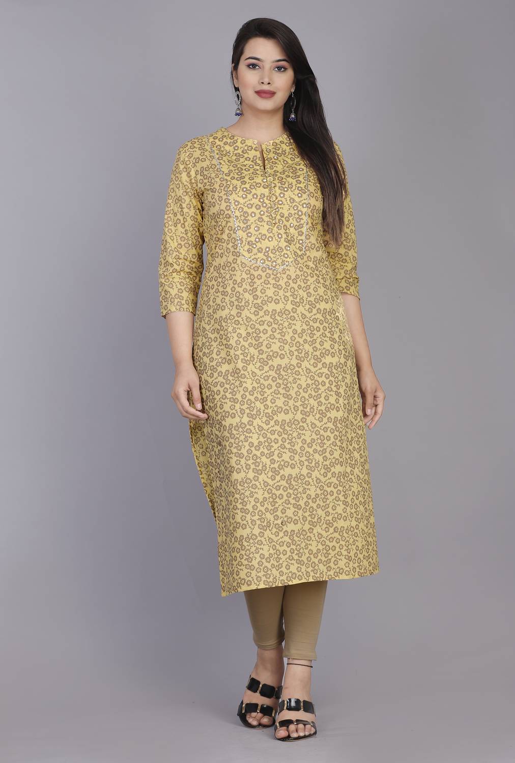 AJASHA Women Printed Pure Cotton Straight Kurta (Yellow)