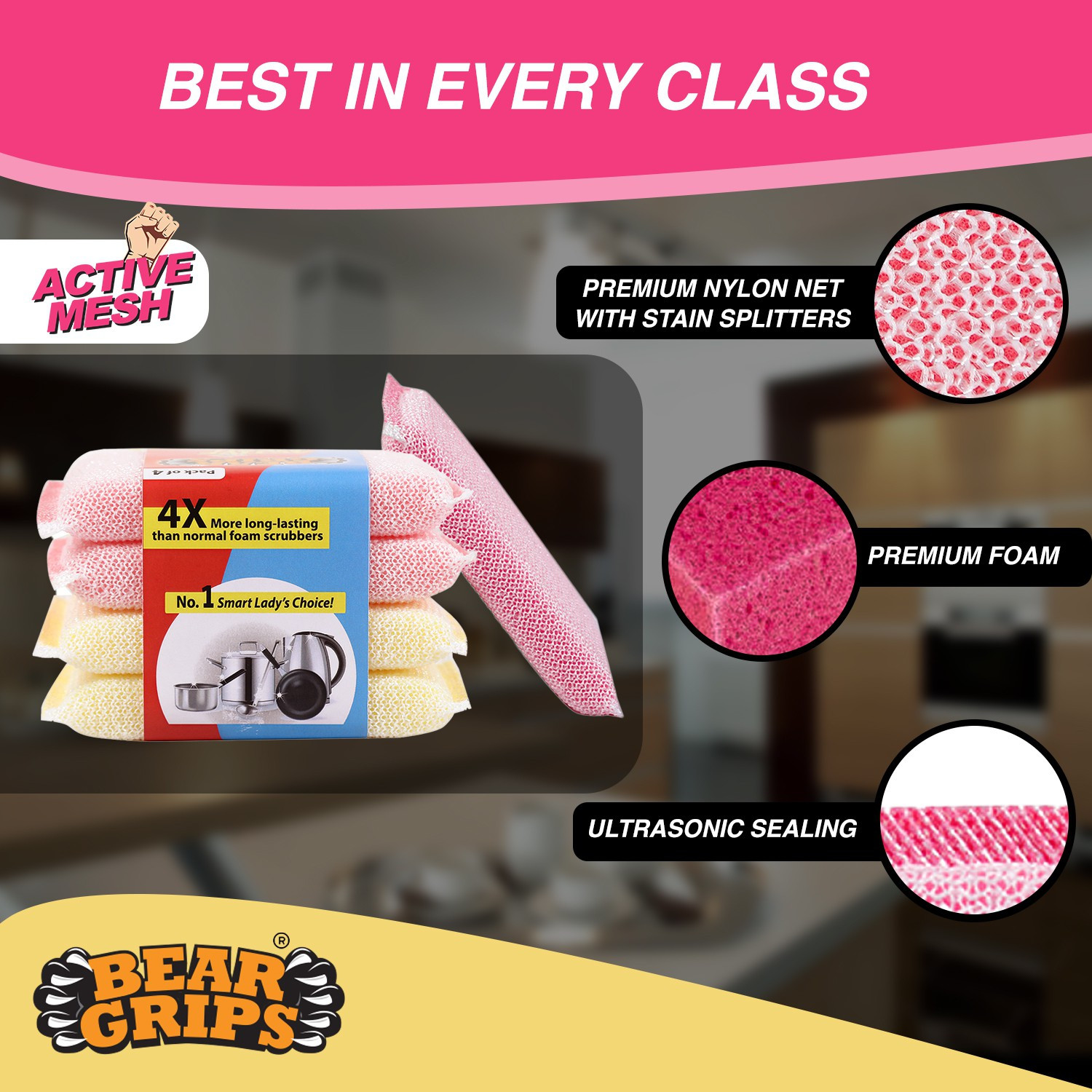 Image of Bear Grips Active mesh scrubber with net for all utensils type dish washing and oily stains cleaning Scrub Sponge