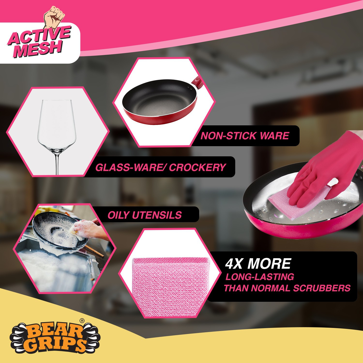 Image of Bear Grips Active mesh scrubber with net for all utensils type dish washing and oily stains cleaning Scrub Sponge