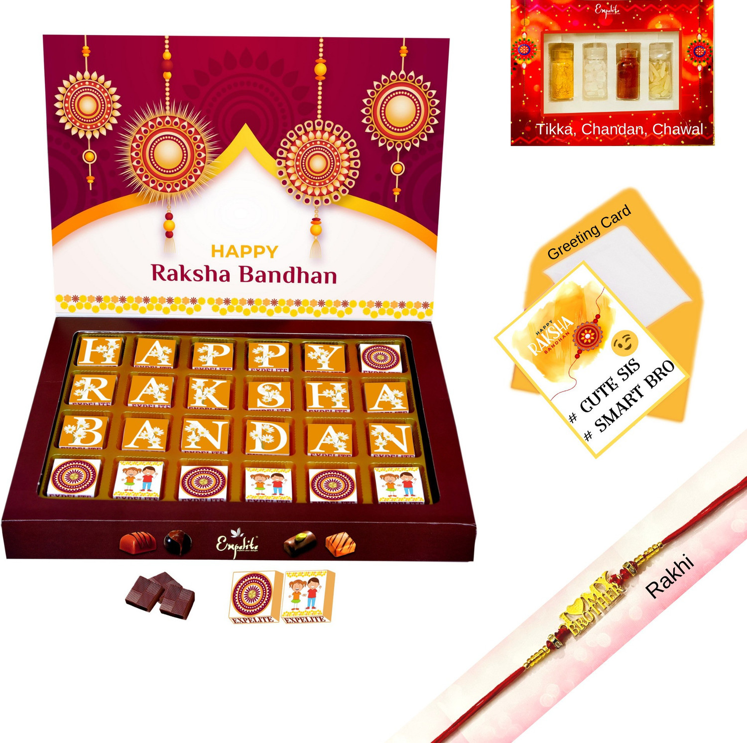Image of Expelite Rakhi Gift with chocolate and Roli Chawal - 24 pieces raksha bandhan Chocolate gift to Cousin Brother Combo
