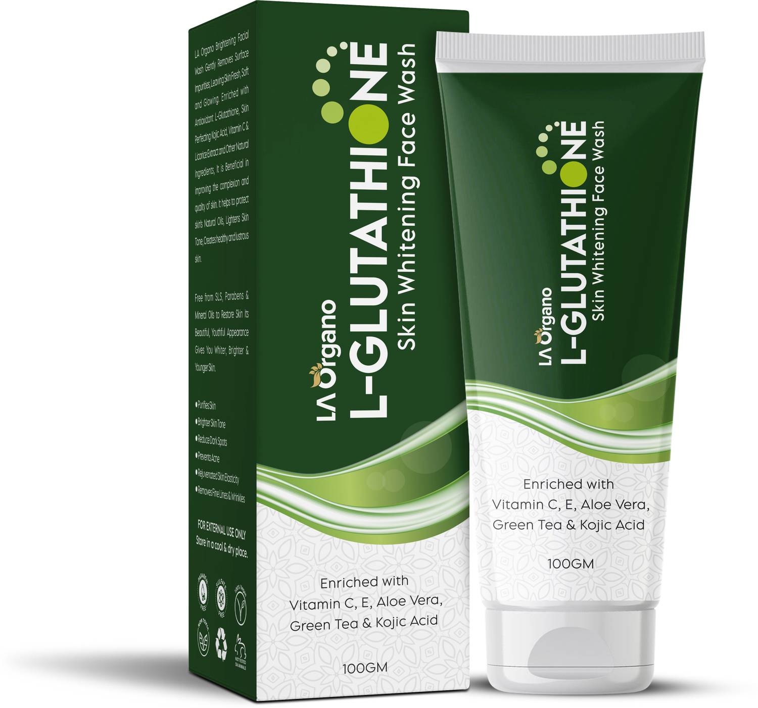 glutathione green tea LA Organo L-Glutathione Skin Whitening & Brightening enriched with Kojic  Acid & Green Tea Face Wash
