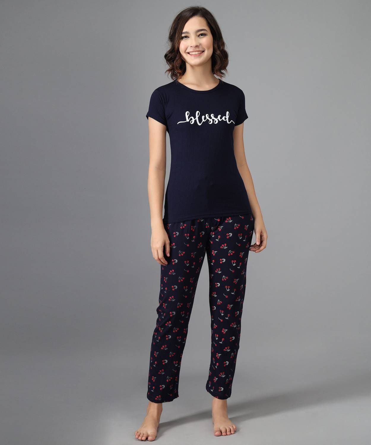 ANIXA Women Printed Dark Blue, Dark Blue Top & Pyjama Set