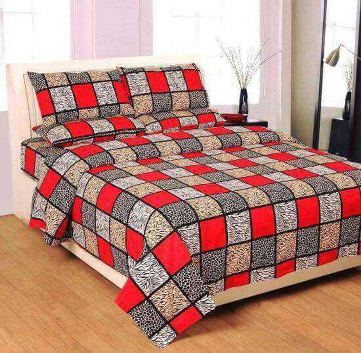 BBM Polycotton Double Flat 150 TC Checkered 1 Bedsheet with 2 Pillow Covers