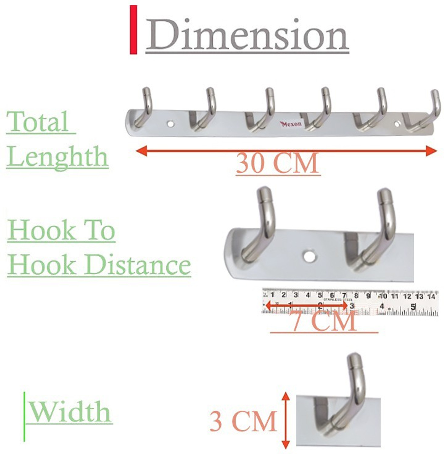 Image of MEXON MEXON 6 Pin Hook Stainless Steel Bathroom Cloth Hooks / Hanger / Key Holder / Door Wall Robe Hooks Rail for Hanging Keys, Clothes, Towel Hook Rail Steel Dress Pack of 3 Hangers For Dress