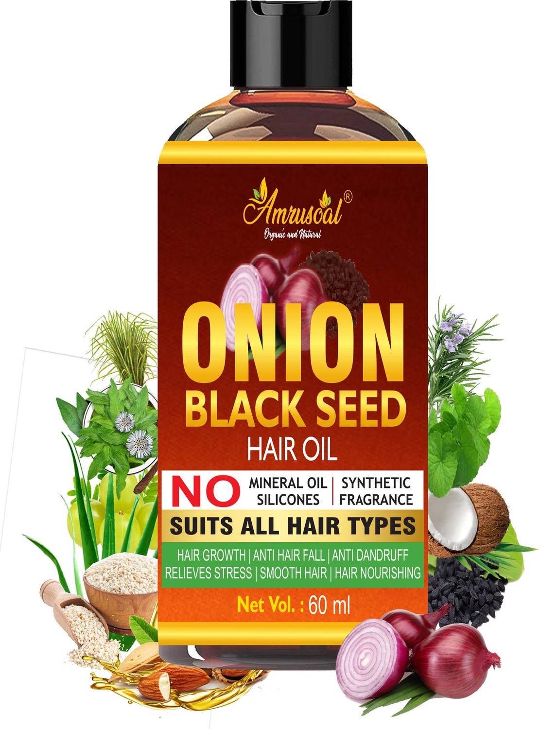 AMRUSOAL Onion Black Seed Hair Oil for Hair Regrowth for Men & Women | Controls Hair fall & Dandruff | Anti Hair loss & Relieves Stress Hair Oil