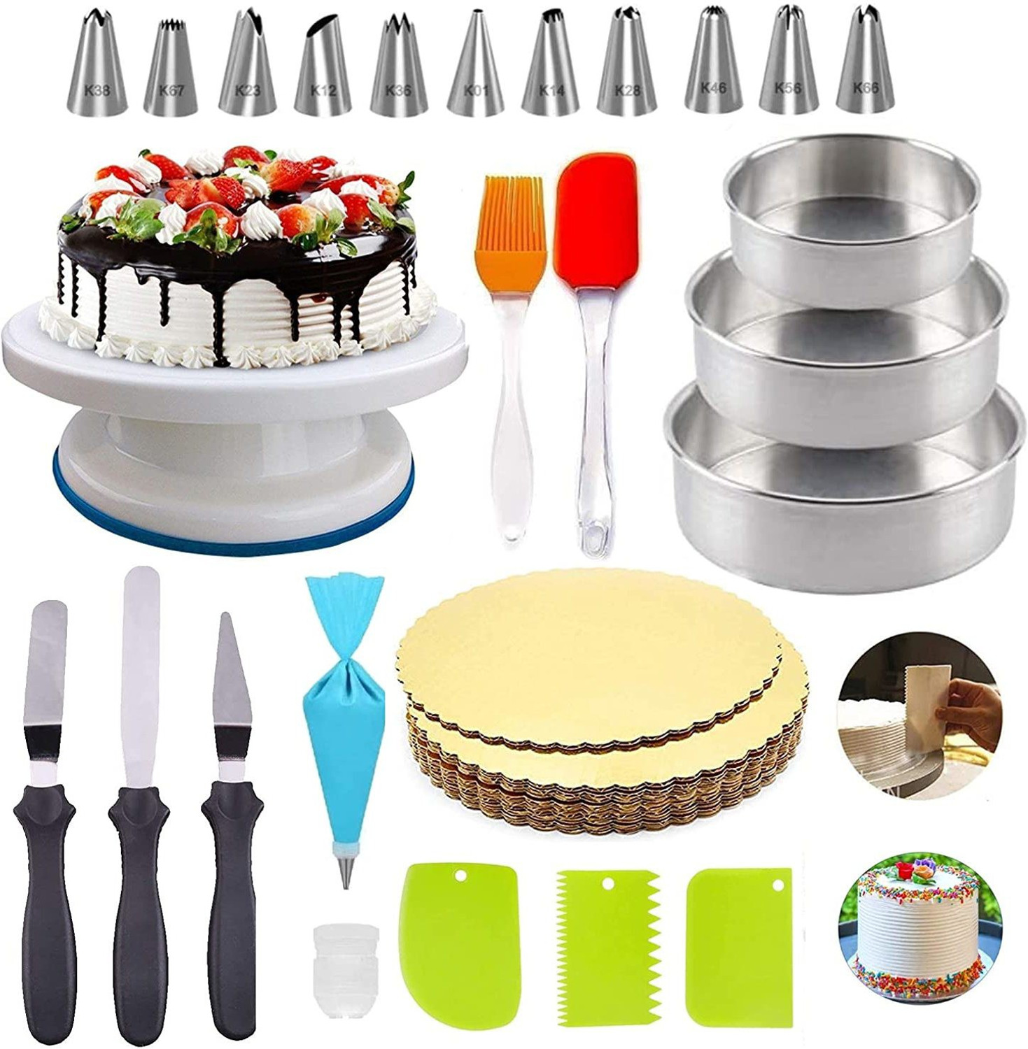 Image of RAJJA 12 Piece Cake Decorating Set Frosting Icing Piping Bag Tips with Steel Nozzles Reusable & Washable Silicone Spatula and Pastry Brush Set Special for Cake Mixer, Cooking, Baking, Glazing - Set of 1 3 Pcs Set Round Shape Cake Moulds Teflon Non Stick Baking Can be Used in Microwave Oven (Black) Kitchen Tool Set