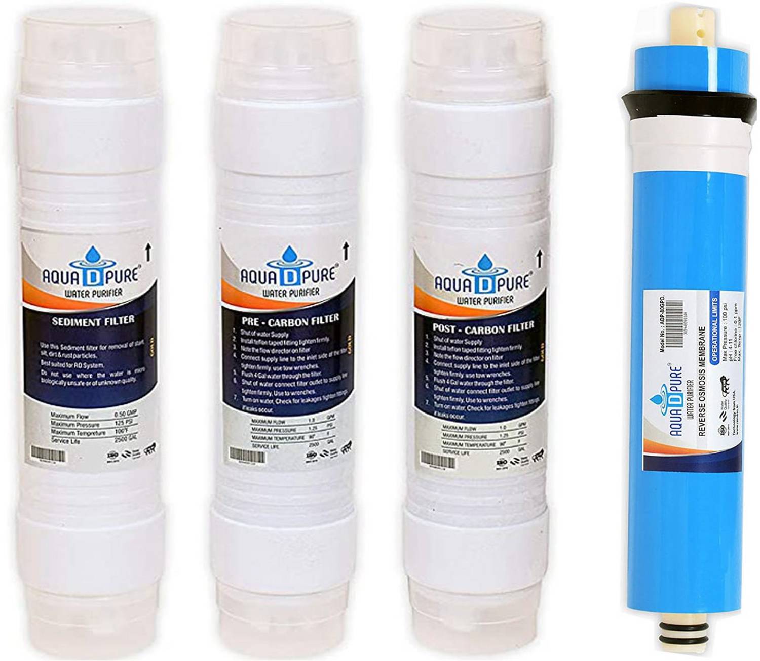 AquaDpure RO membrane, Pre & Post Carbon and Sediment Filter For All type of RO water purifier Solid Filter Cartridge