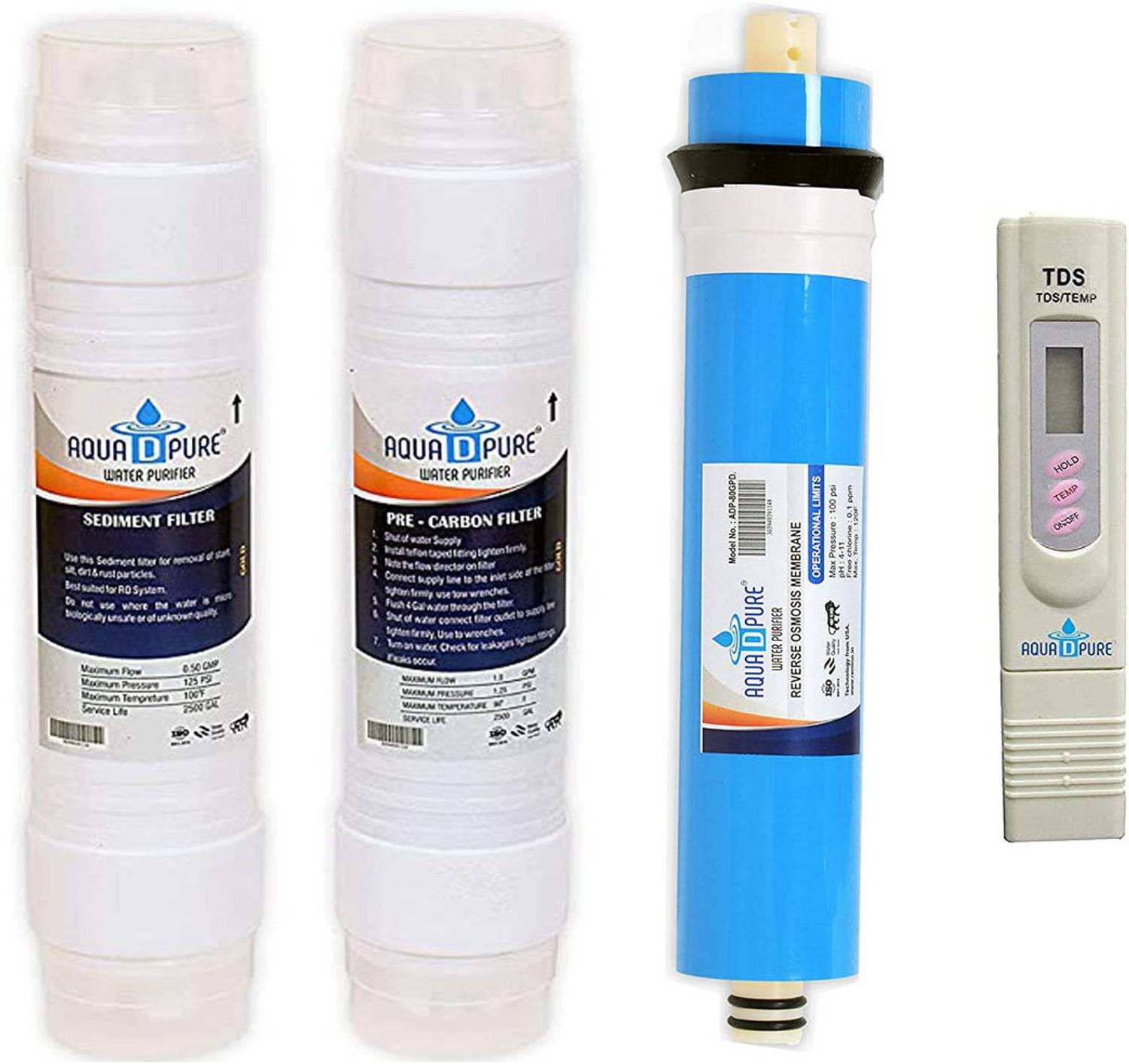 AquaDpure RO membrane, Carbon and Sediment Filter For All type of RO water purifier with TDS meter Solid Filter Cartridge