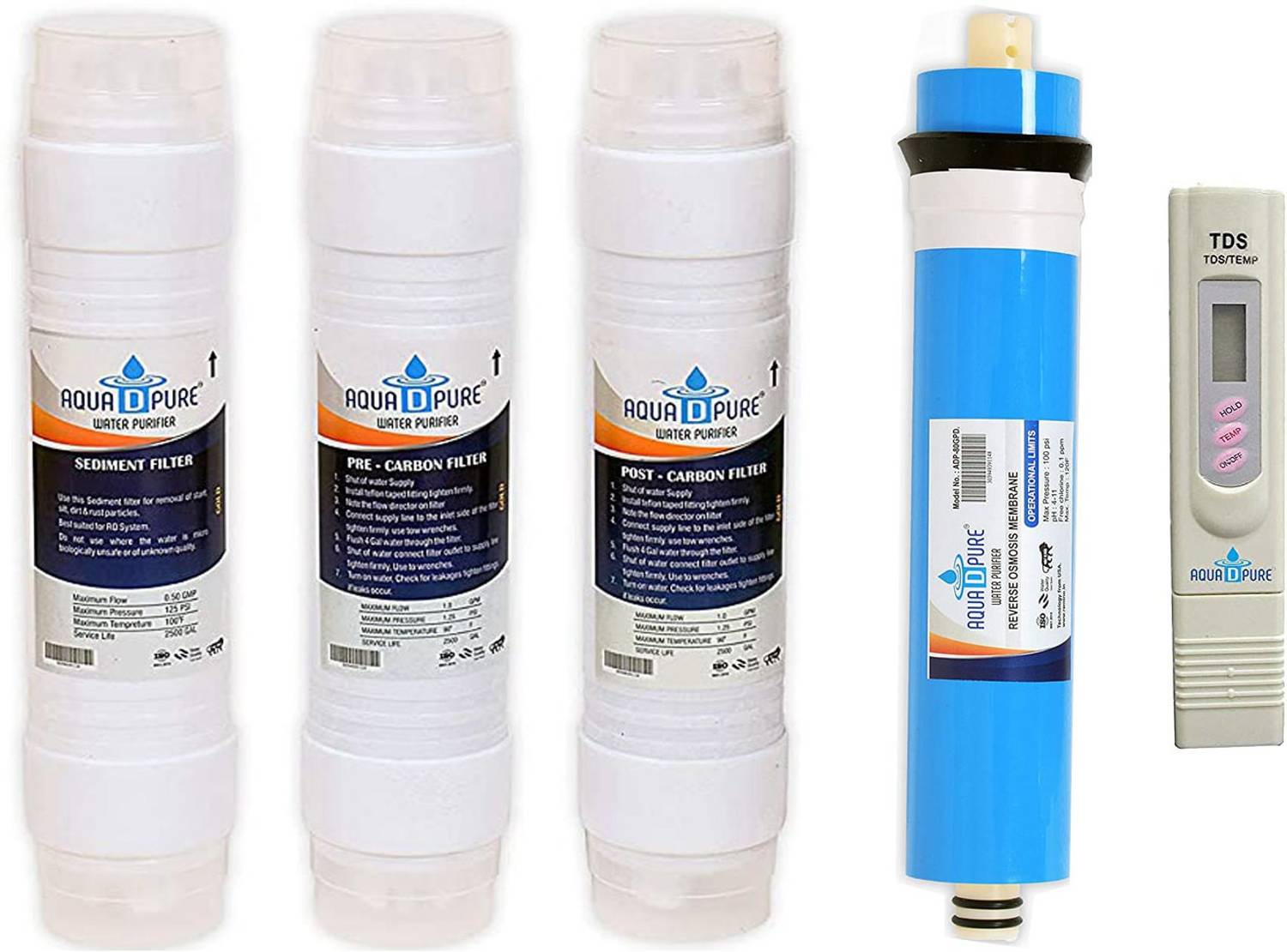 AquaDpure RO membrane, Pre & Post Carbon and Sediment Filter For All type of RO water purifier with TDS meter Solid Filter Cartridge