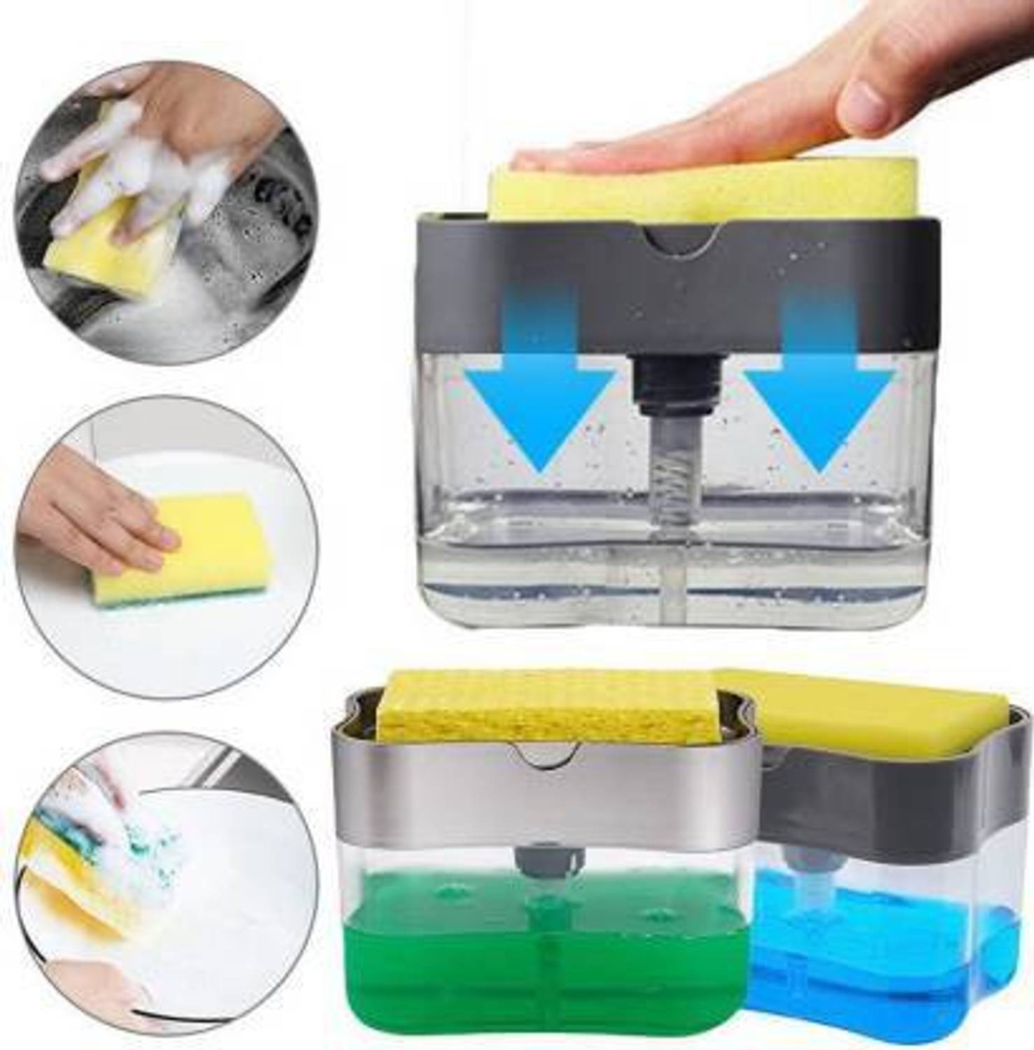 ABR Kitchen Soap Dispenser Box Wash Sponge Holder Pump Sponge 2 in 1 Liquid Manual Press Multifunction Use Best For Home School Office Hospital Hotel Restaurant Factories Airport Gas Station And So on kitchen set cleaning, clean the pot, clean the sink, clean dishes, fall in love with the fun of washing dishes, press the soap box set, wash the pot and wash the dishes, one-handed operation, kitchen brush pot cleaning artifacts, touch and press to clean quickly Soap Dispenser 2-in-1 Sponge Rack Soap Dispenser Sponge Candy Soap Pump Dispenser Dish Soap Dispenser for Kitchen Dish washing gel Soap Dispenser foam Sponge Holder plastic soap Dispenser hand Candy Counter top portable kitchen soap Dispenser Topping Innovative Design Liquid Sink Dish Washing Pump Soap Dispenser With Sponge holder Kitchen 2-in-1 Multi function New design Sponge Soap Pump Dispenser and Sponge Holder 900 ml Liquid Dispenser 900 ml Liquid, Soap, Gel, Shampoo, Dispenser (Grey) 450 ml Liquid Dispenser