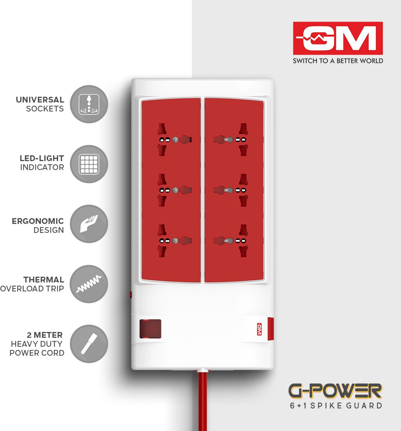 Image of GM 3059 G-Power 6+1 Spike Adaptor with Master Switch, Indicator, Safety Shutter, International Sockets & Surge Protector. 6 Socket Extension Boards