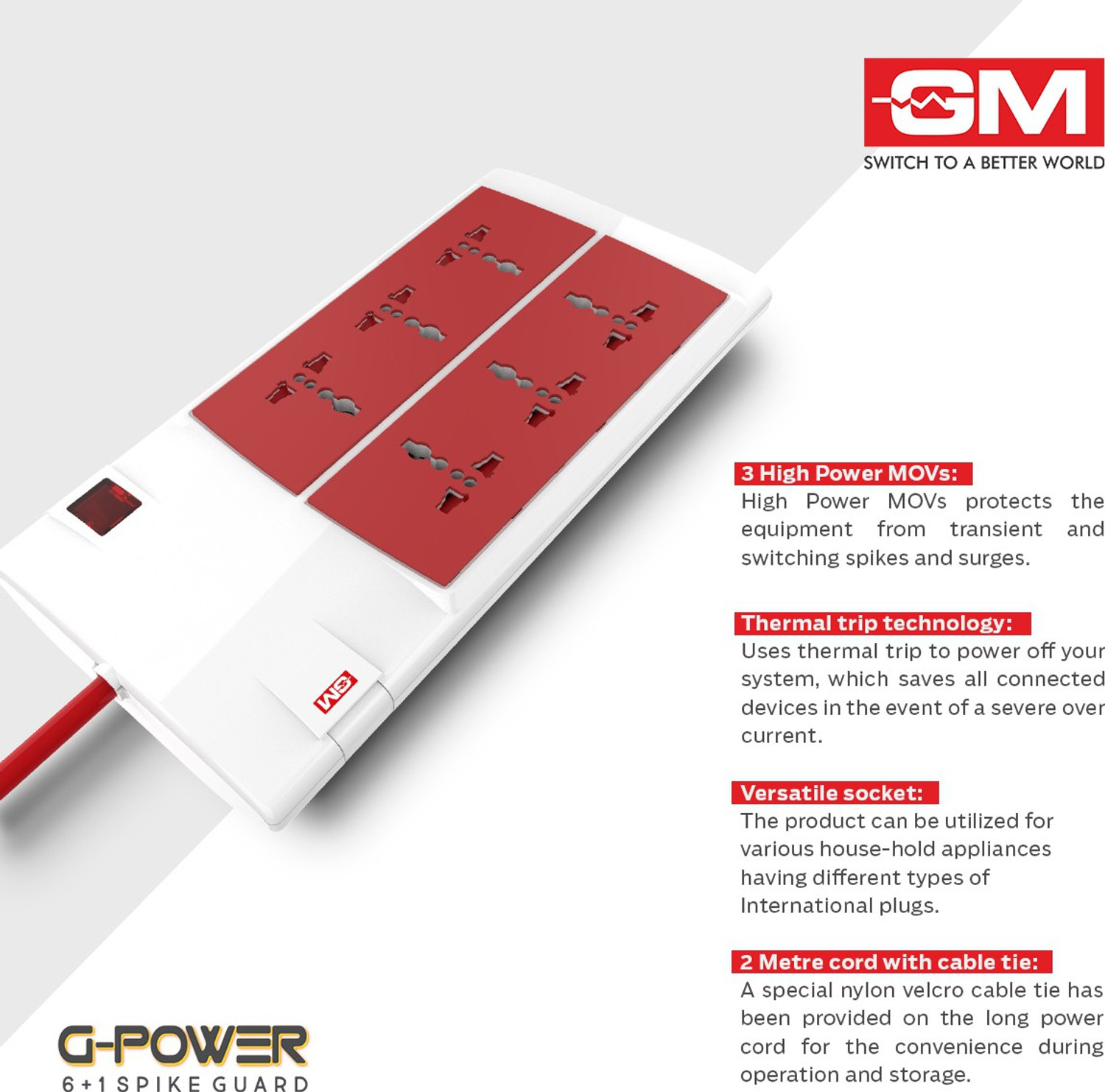 Image of GM 3059 G-Power 6+1 Spike Adaptor with Master Switch, Indicator, Safety Shutter, International Sockets & Surge Protector. 6 Socket Extension Boards