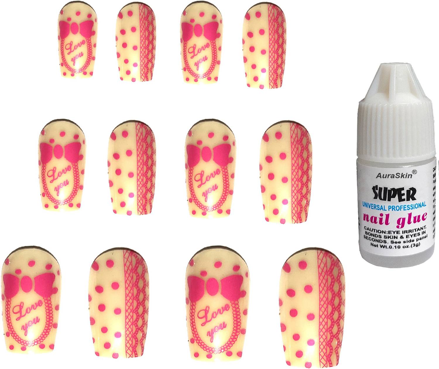 AuraSkin 12Pcs Gorgeous Bridal Series Love You Pre Design Nail Art Designs with 1pcs Glue baby pink