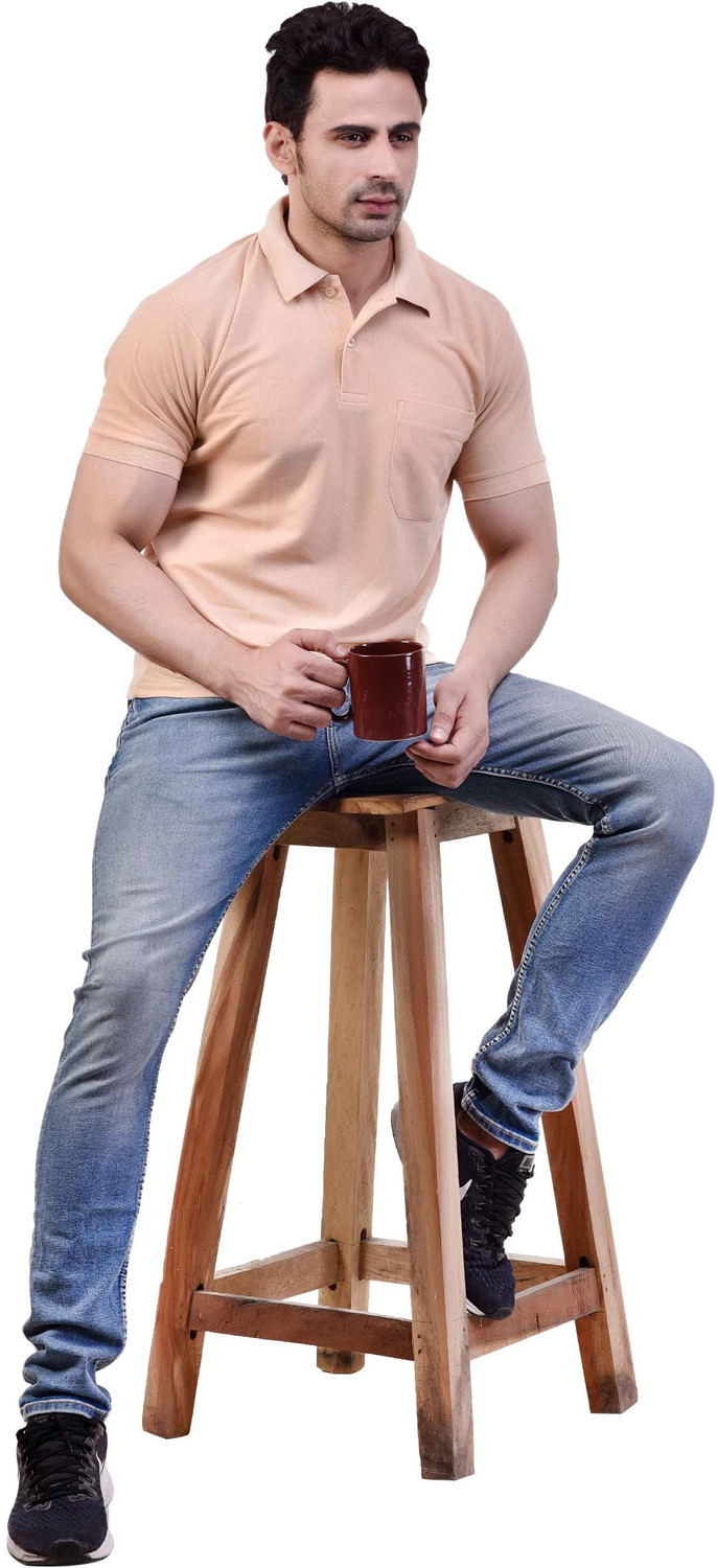Image of SMAN Solid Men Polo Neck Maroon, Beige T-Shirt