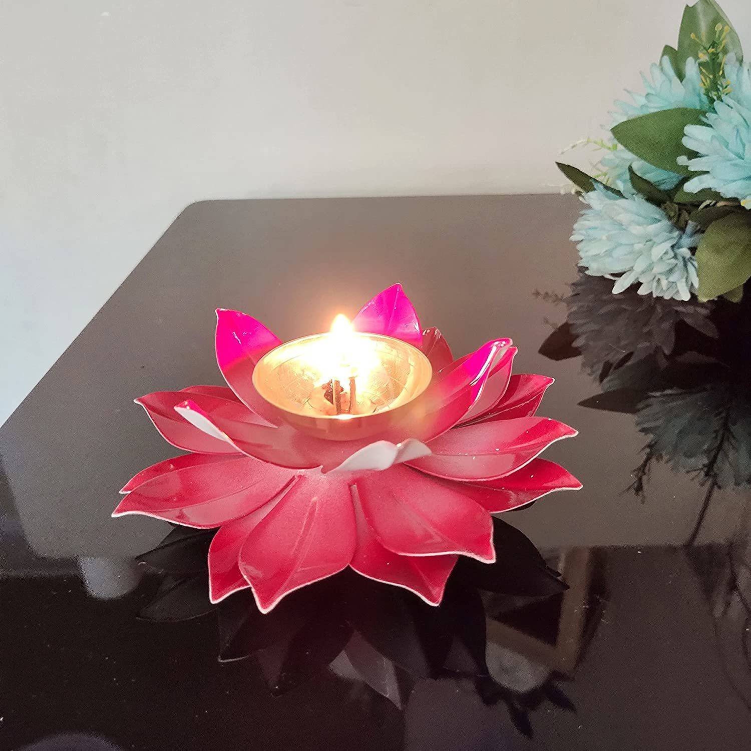 amishi blissful decor Brass Lotus akhand Diya for Pooja dipawali Decoration Oil Lamp for Mandir and Temple (red) Brass Table Diya