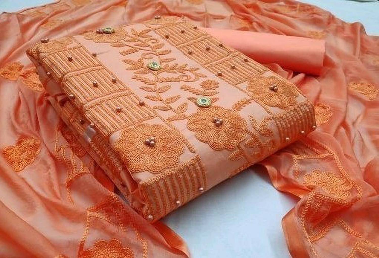 ALL IN ONE Cotton Blend Embroidered, Embellished Salwar Suit Material