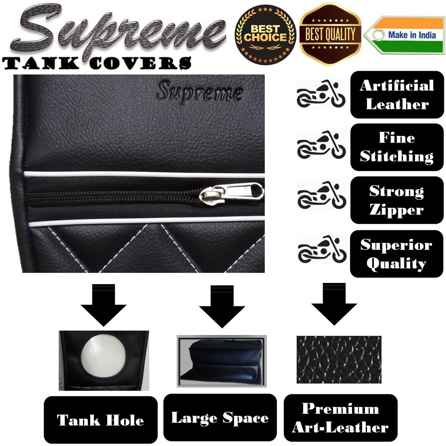 Image of Supreme Stylish Black Art Leather (Thick flop) Diamond Tank cover015 Strap Mahindra Centuro Bike Tank Cover