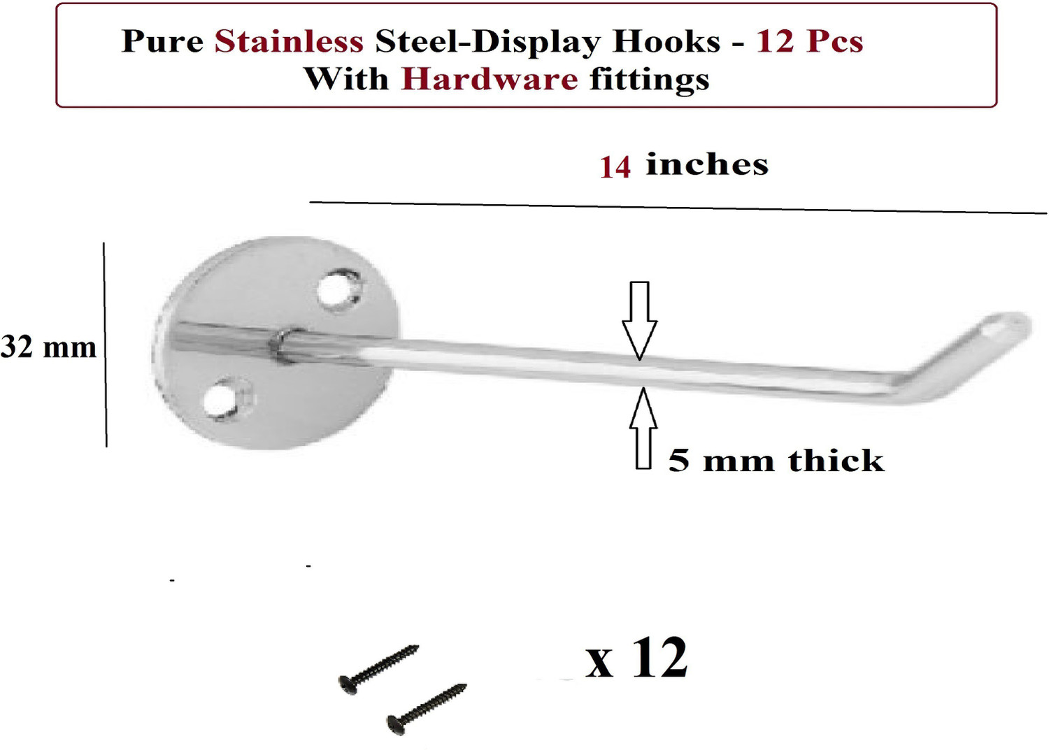 Image of Q1 Beads 14 Inches Display Hooks for Mobile Shop /Showroom /Boutique /Supermarket Wall Drope Hanger Combo Heavy Duty with Hardware Fittings(14 Inches,5 mm Thick ,12 Pcs) Hook 12