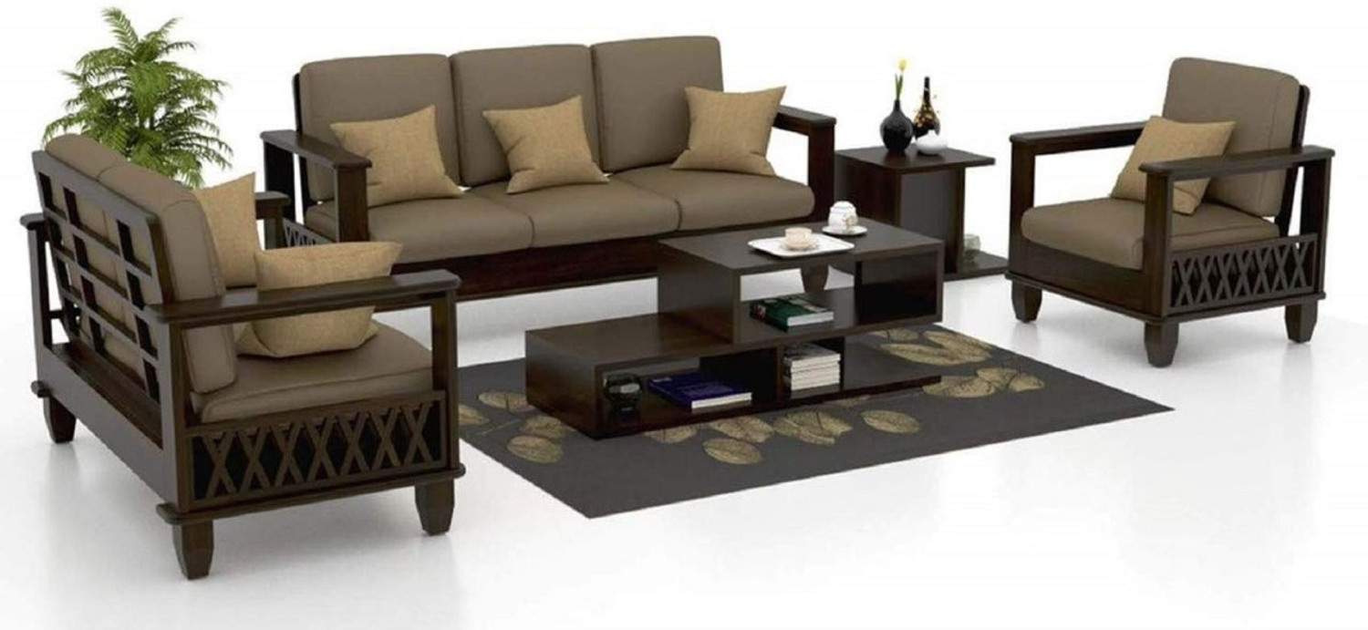 Image of Taskwood Furniture Solid Wood Sheesham Wood For Living Room, Guest Room Fabric 3 + 2 + 1 Sofa Set
