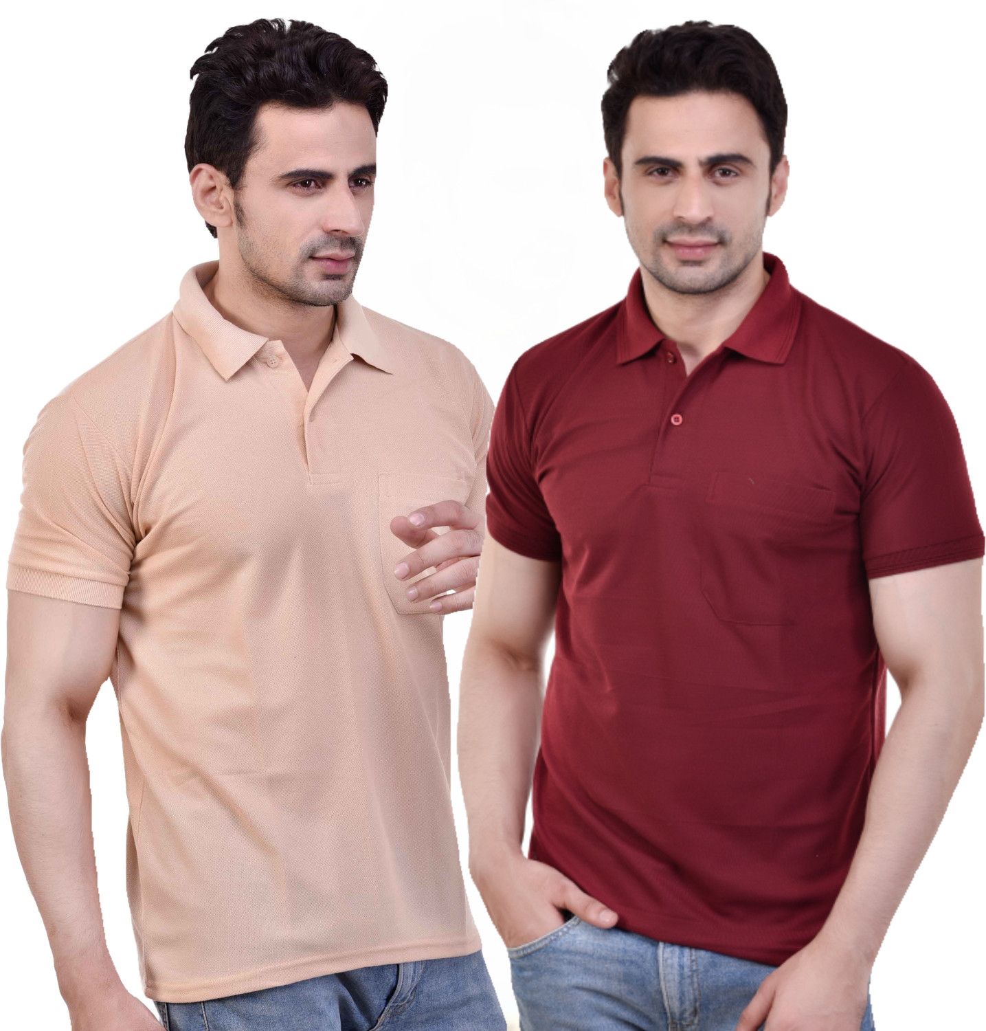 Image of SMAN Solid Men Polo Neck Maroon, Beige T-Shirt