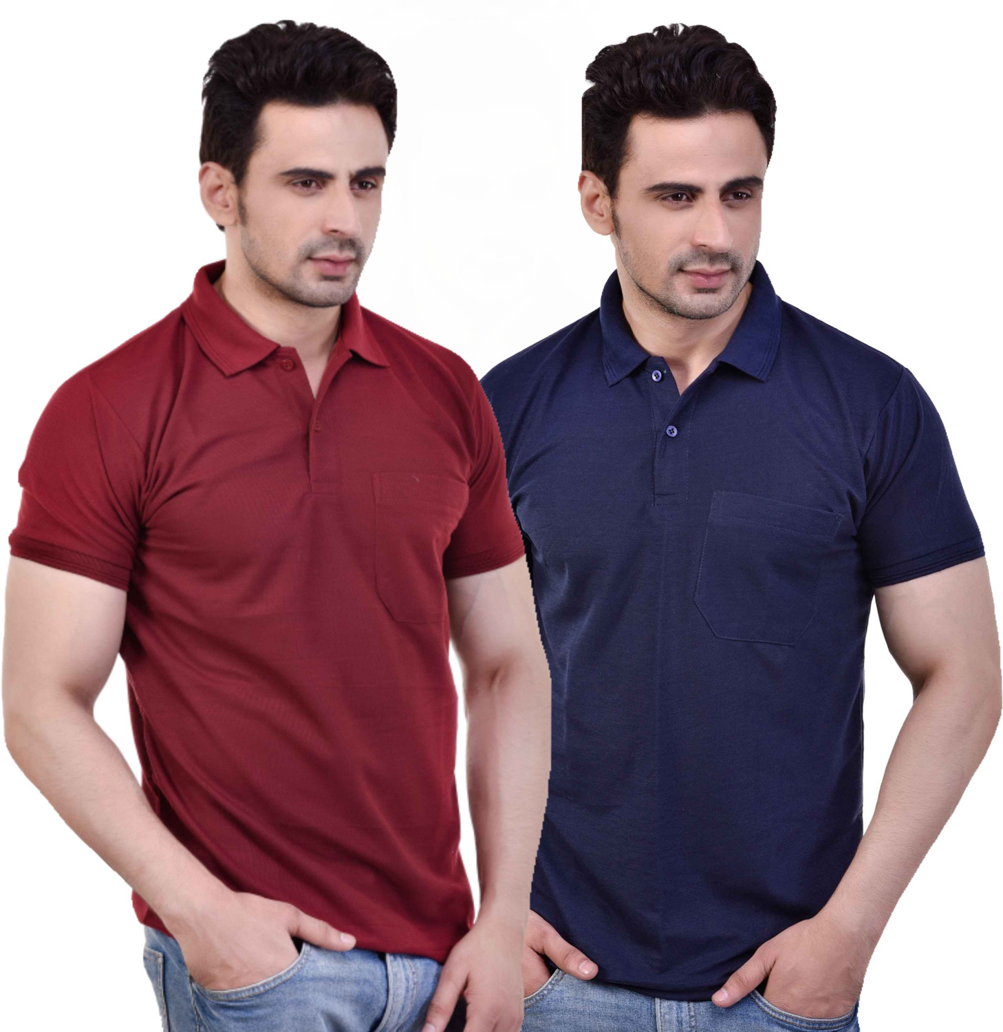 Image of SMAN Solid Men Polo Neck Dark Blue, Maroon T-Shirt