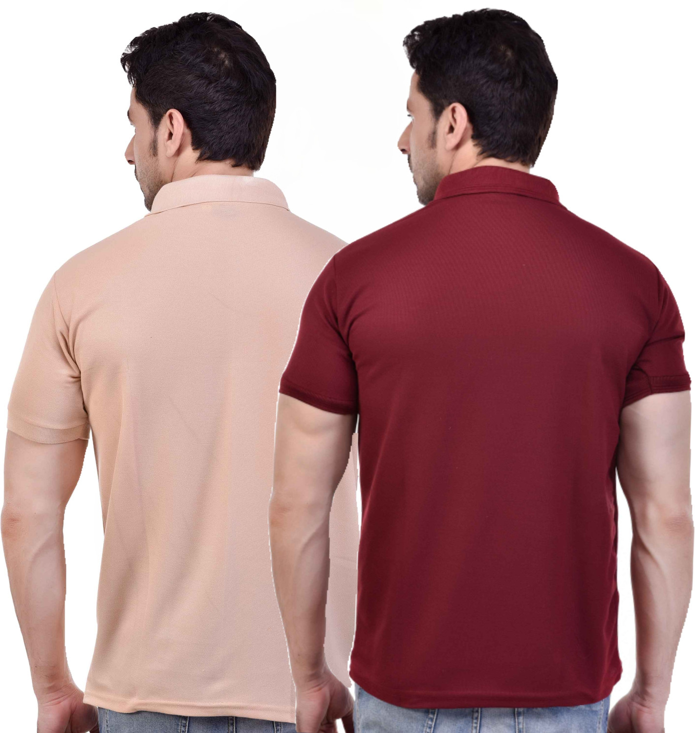 Image of SMAN Solid Men Polo Neck Maroon, Beige T-Shirt