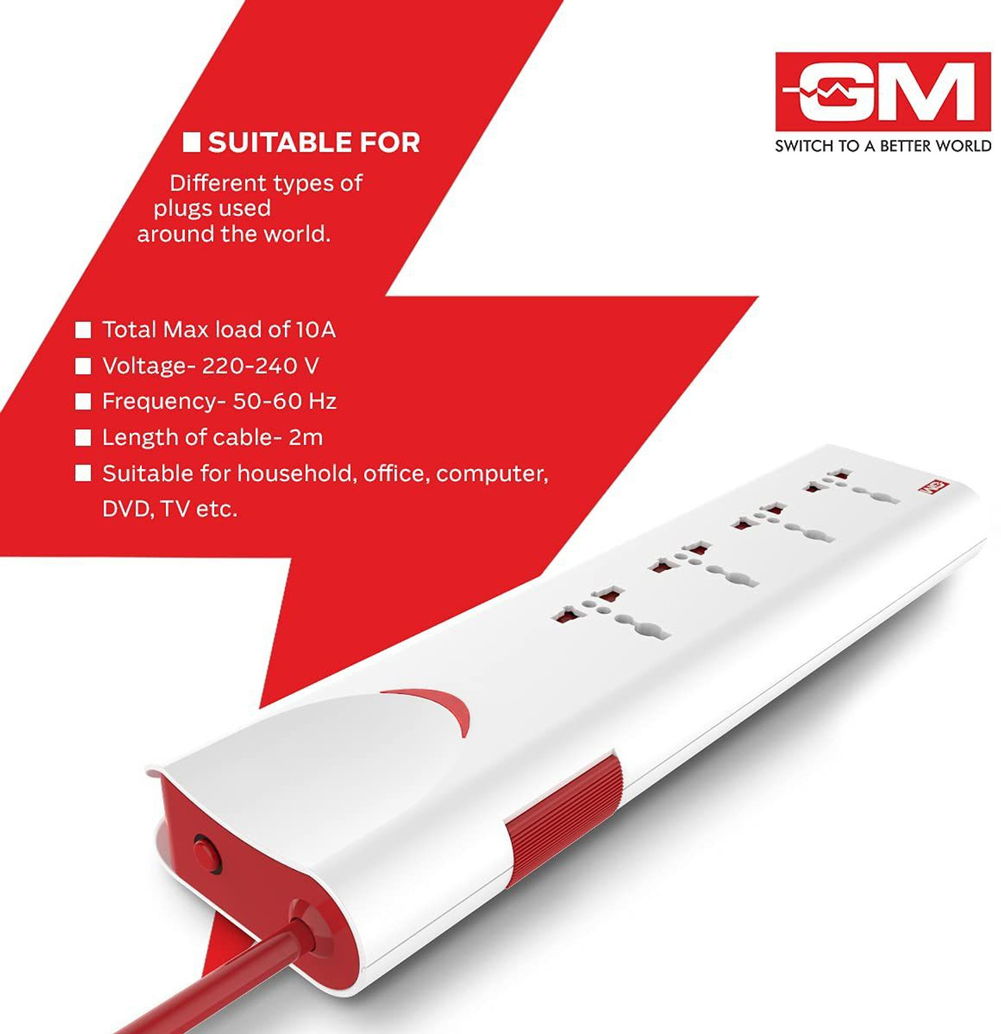 Image of GM Modular 3060 E - Book 4+1 power strip 4 Socket Extension Boards (Red, White, 1.75 m) 4 Socket Extension Boards