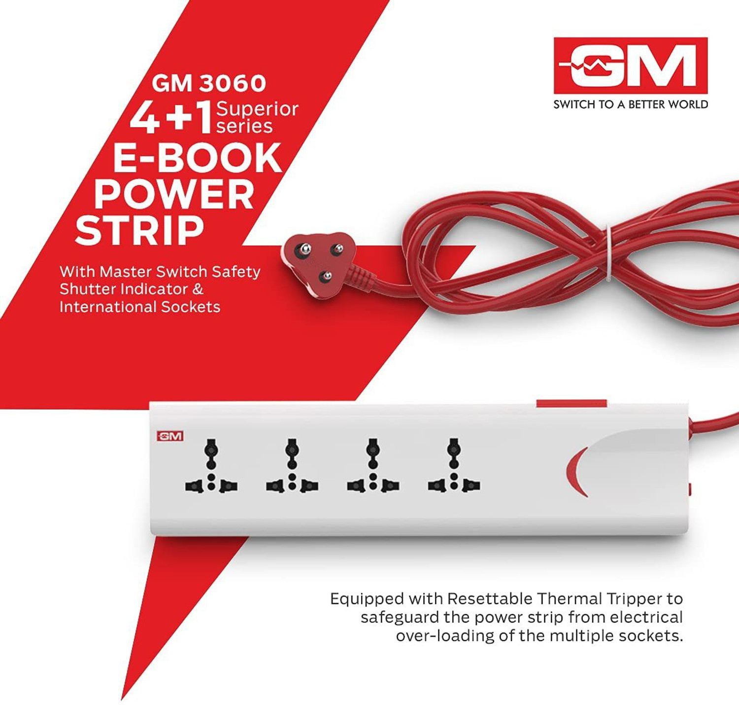 Image of GM Modular 3060 E - Book 4+1 power strip 4 Socket Extension Boards (Red, White, 1.75 m) 4 Socket Extension Boards