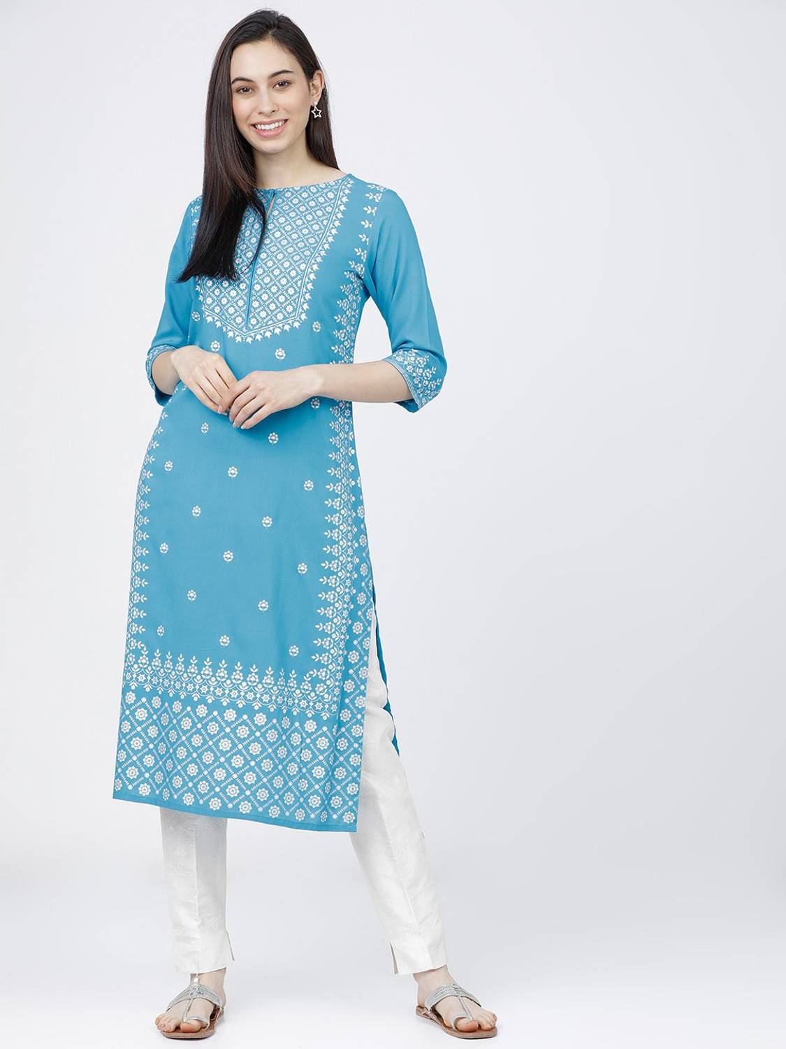 Vishudh Women Printed Cotton Blend Straight Kurta (Blue)