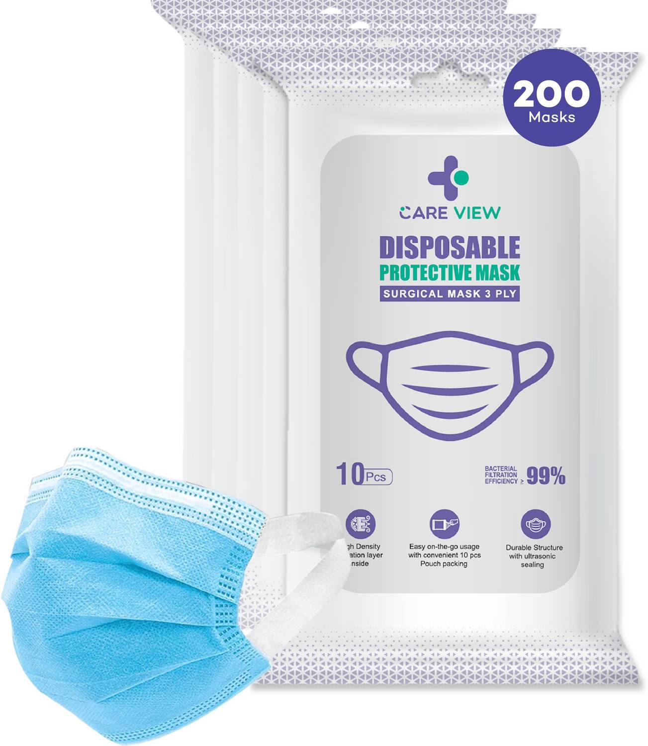 careview 3 Ply Disposable Face Mask Pouch with SOFT FABRIC Earloop , Certified by BFE>99% and PFE > 95%, SITRA, DRDO, ISO and CE (Pack of 200, Blue) CV2920SFBP-200 Surgical Mask With Melt Blown Fabric Layer