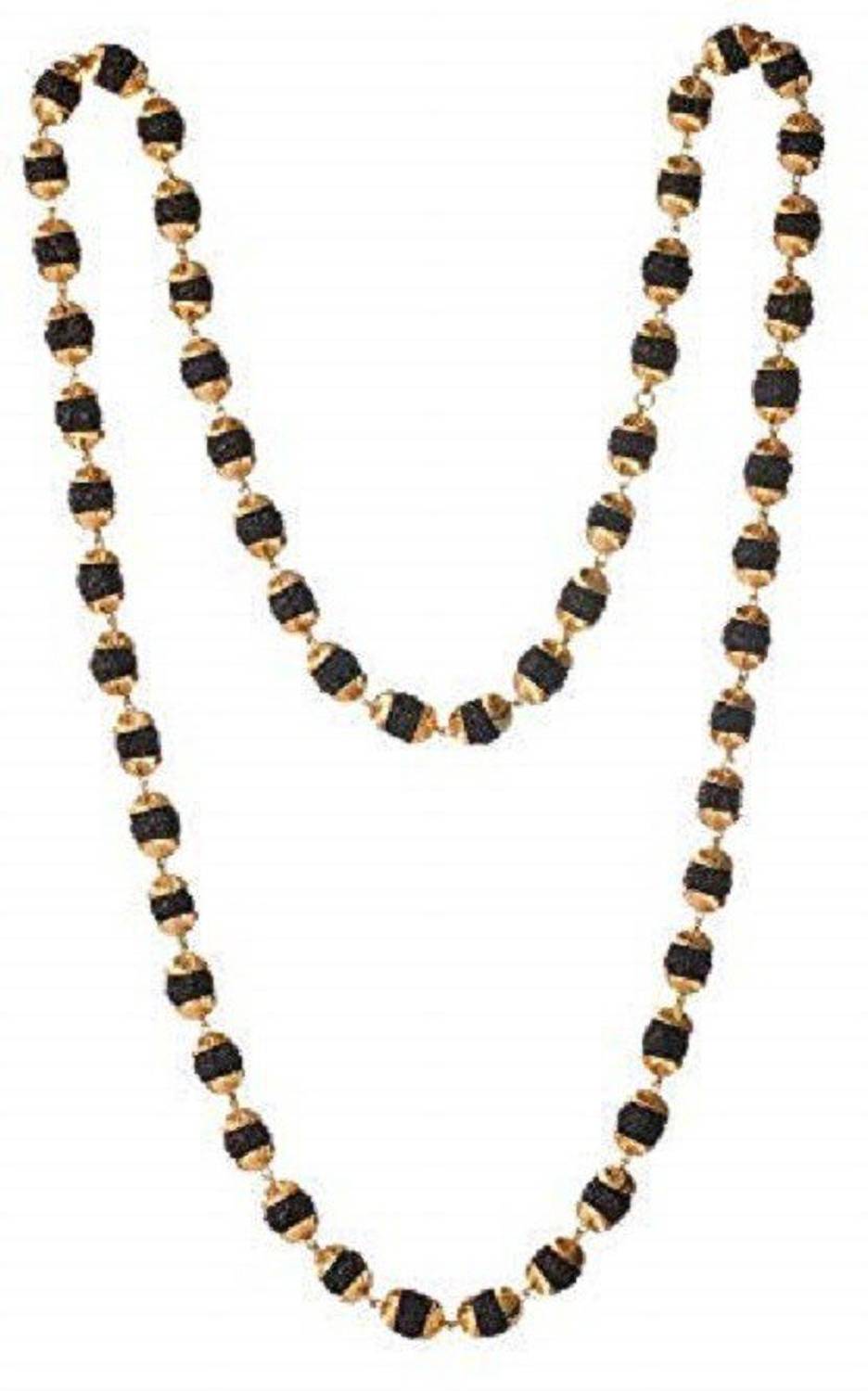 ADOWIK Brass Long Chain and 54 Stone 5 Mukhi Rudraksha Golden Cap Mala Wood Chain